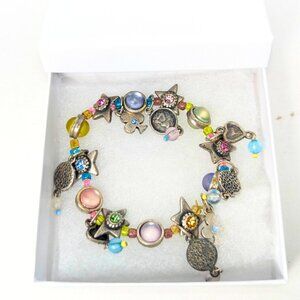 Bead Charm Silver Stretch Bracelet Multicolor Beads Stars Angels